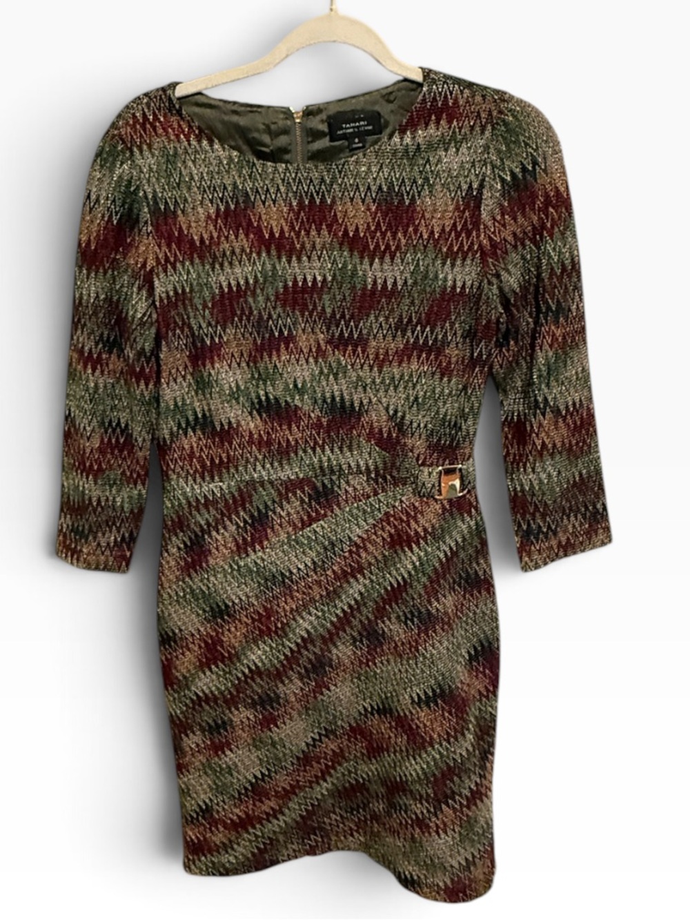 NWOT Tahari ASL Olive Green and Burgundy Zigzag Knit Long Sleeve Dress